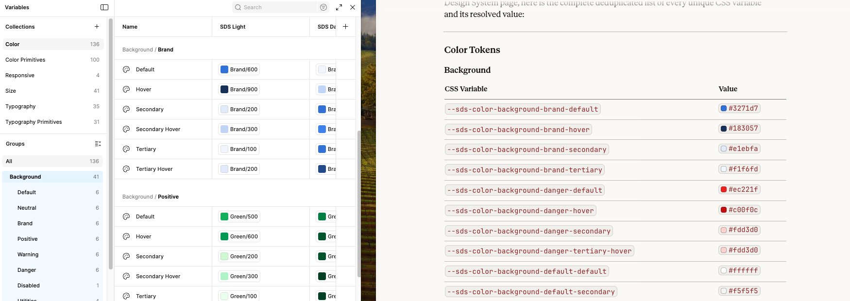 Side-by-side comparison: Figma Variables panel showing Background/Brand tokens referencing primitives like Brand/600, and Claude's MCP output showing the same tokens as CSS variables with resolved hex values